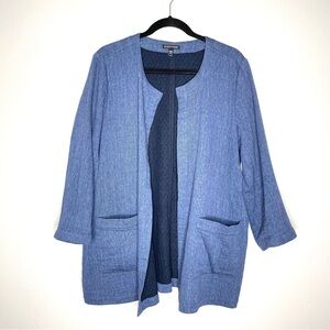 Eileen Fisher Organic Cotton Linen Collarless Pocket Topper Jacket Blue Size L